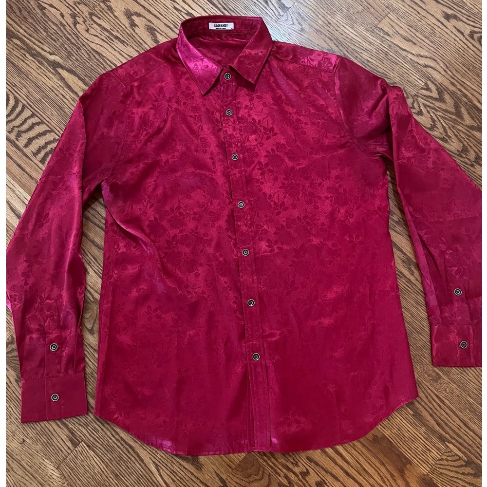 COOFANDY Button Down Shirt Mens Medium Red Burgundy Floral Jacquard Satin Look